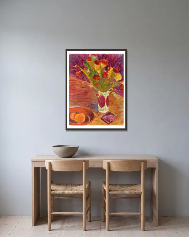 Blumenvase und Obstschale av Walther Gamerith inramad på en vägg