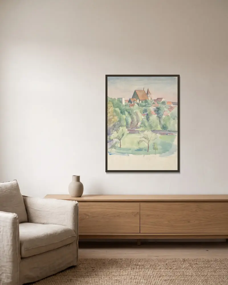 Landschaft mit Kirche, Nr. 2 von Walther Gamerith gerahmt an einer Wand