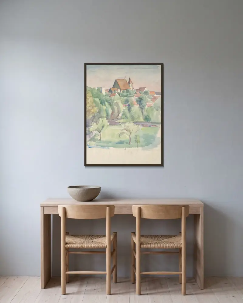 Landschaft mit Kirche, Nr. 2 von Walther Gamerith gerahmt an einer Wand