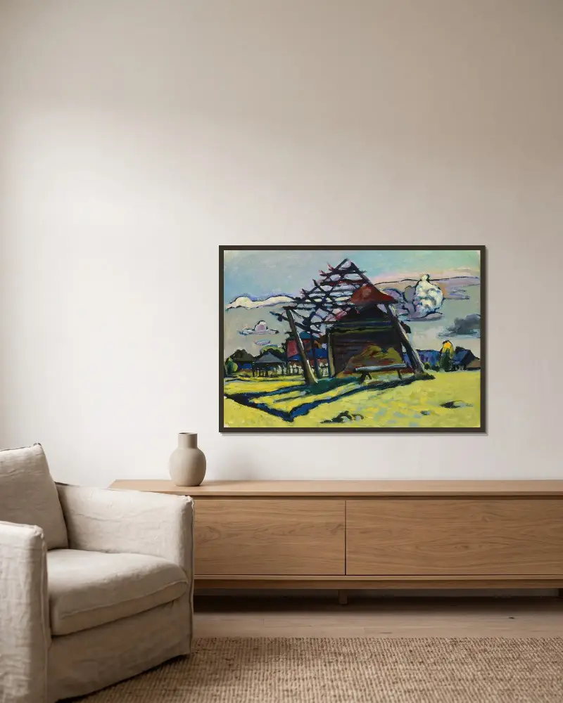 Akhtyrka. Ram för en höstack och gård av Wassily Kandinsky inramad på en vägg