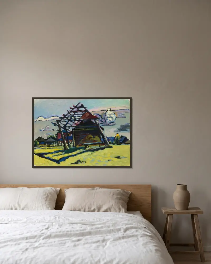 Akhtyrka. Ram för en höstack och gård av Wassily Kandinsky inramad på en vägg