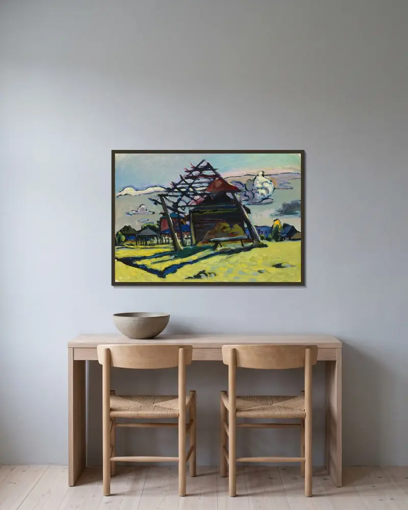 Akhtyrka. Ram för en höstack och gård av Wassily Kandinsky inramad på en vägg