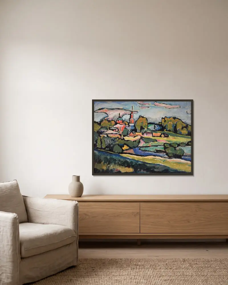 Akhtyrka. Landskap med röd kyrka av Wassily Kandinsky inramad på en vägg