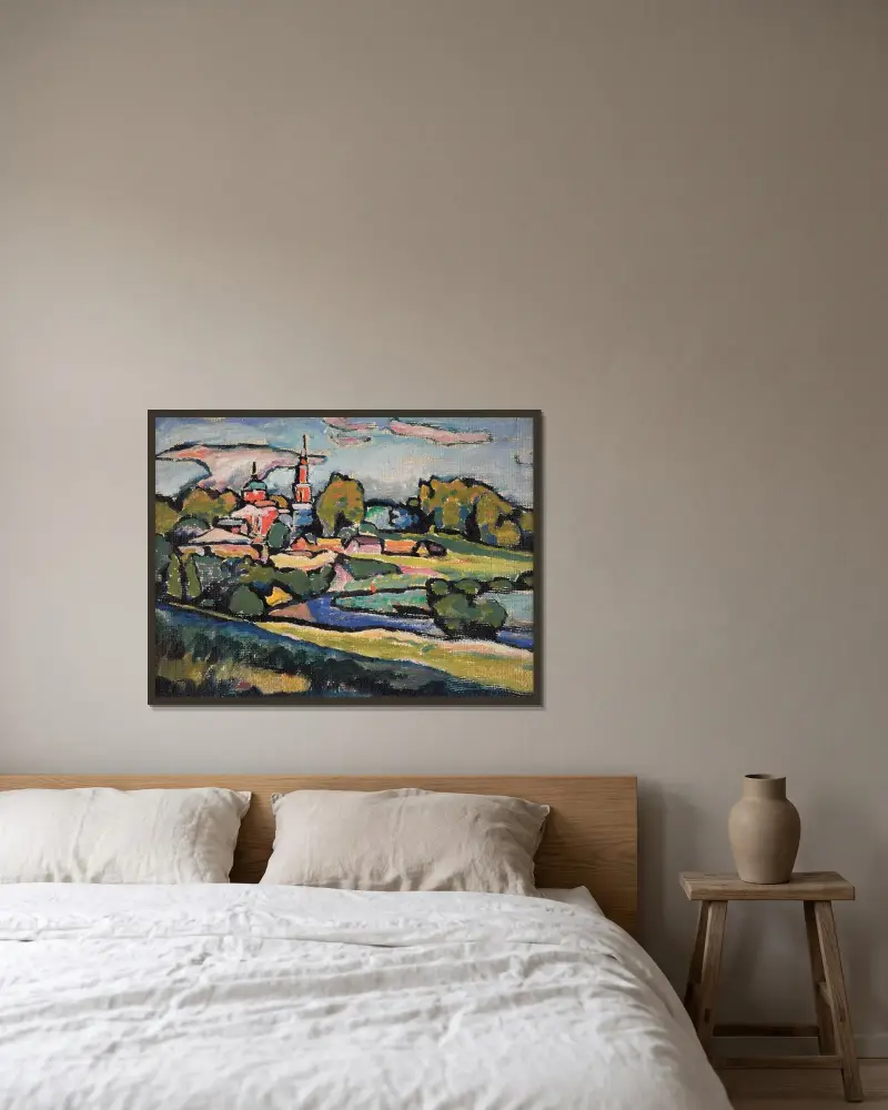 Akhtyrka. Landskap med röd kyrka av Wassily Kandinsky inramad på en vägg