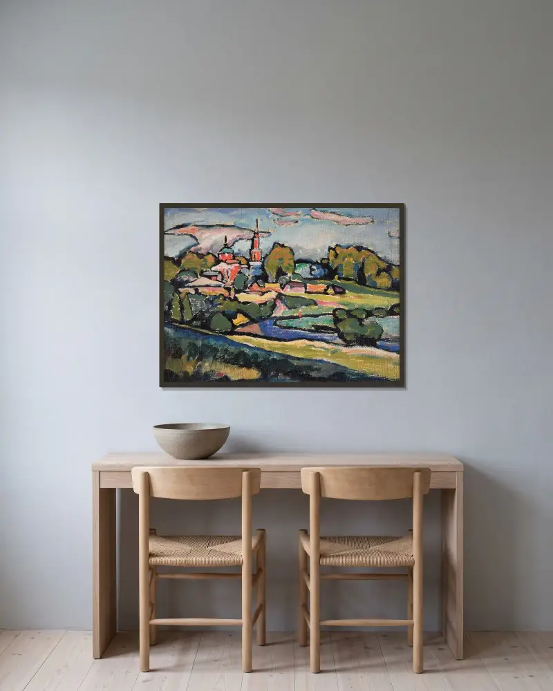 Akhtyrka. Landskap med röd kyrka av Wassily Kandinsky inramad på en vägg