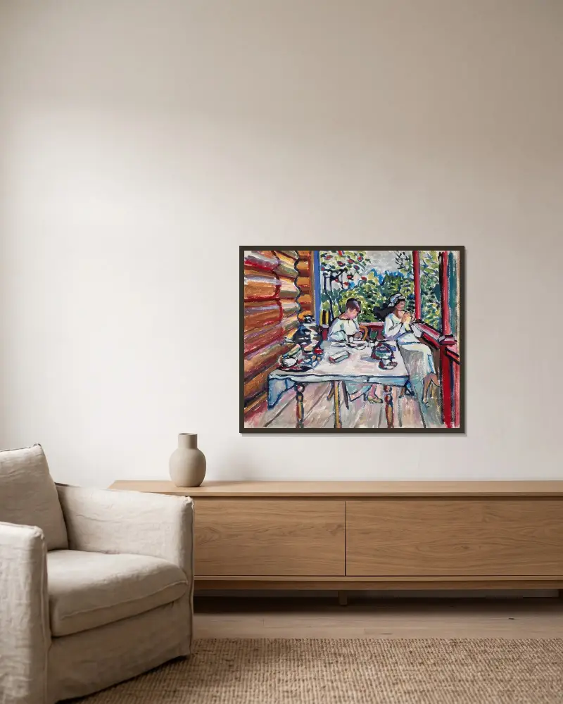 Akhtyrka. Nina och Tatiana på verandan av Wassily Kandinsky inramad på en vägg
