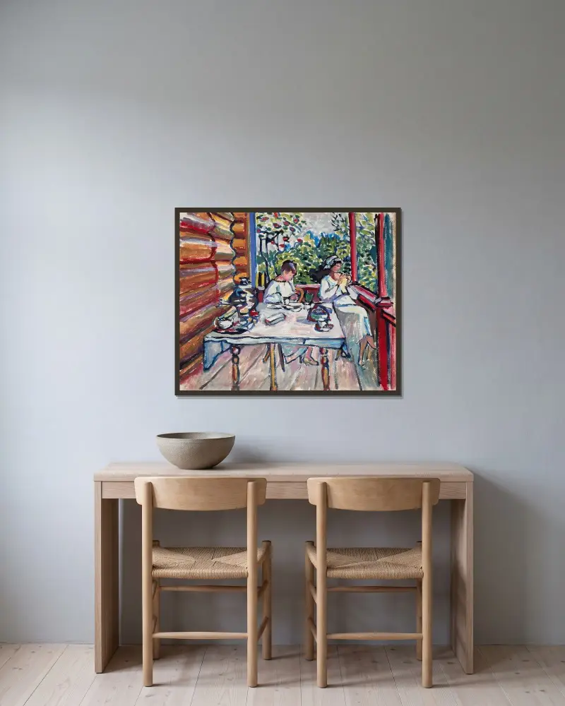 Akhtyrka. Nina och Tatiana på verandan av Wassily Kandinsky inramad på en vägg