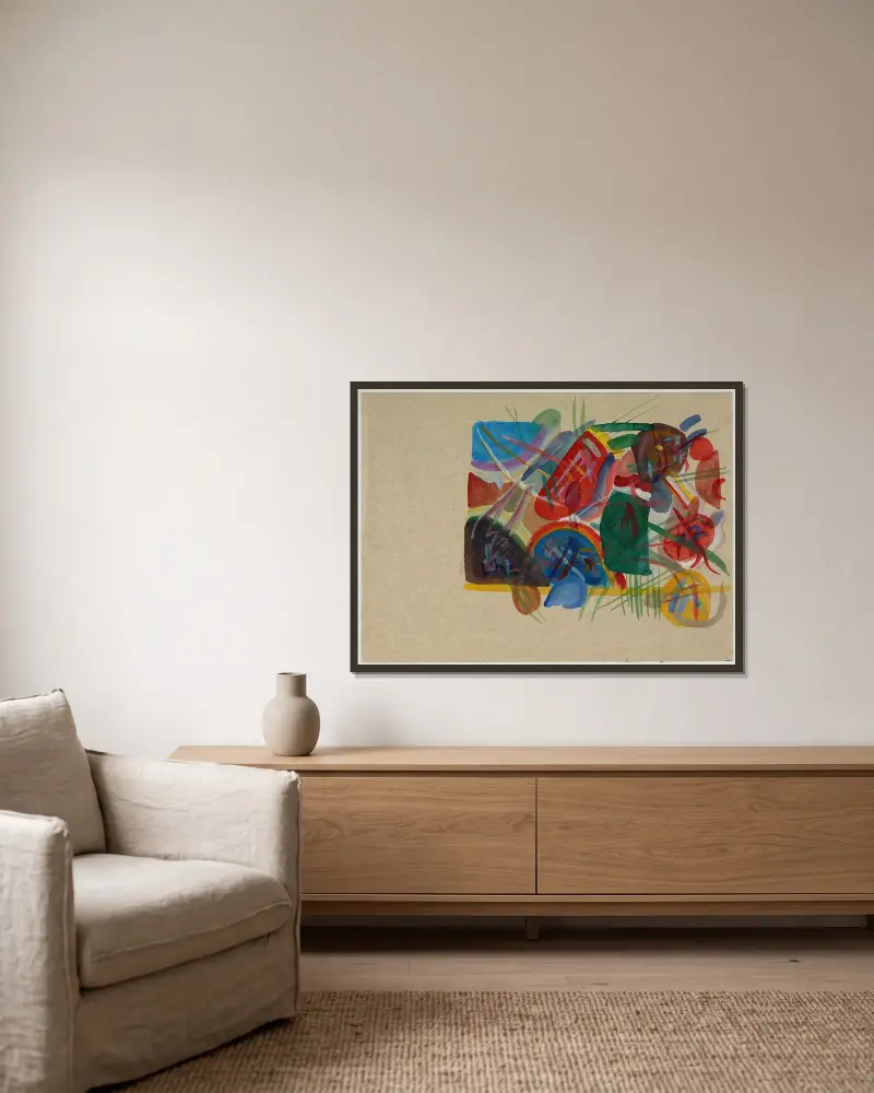 Aquarell ‘Mit Wald und Regenbogen’ av Wassily Kandinsky inramad på en vägg