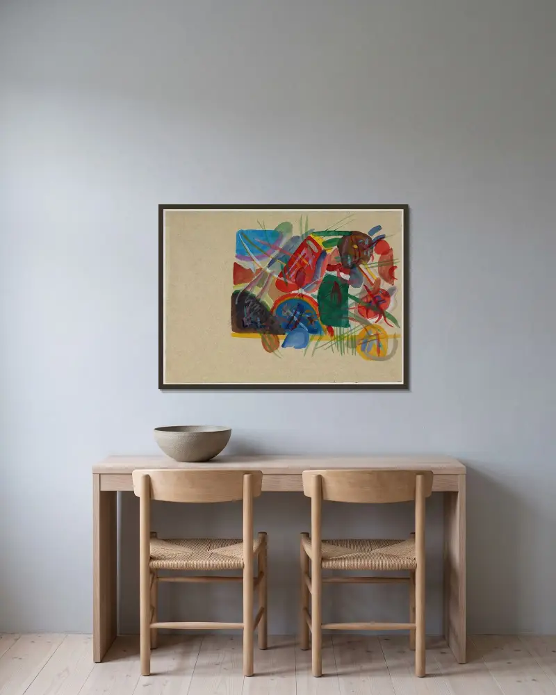 Aquarell ‘Mit Wald und Regenbogen’ av Wassily Kandinsky inramad på en vägg