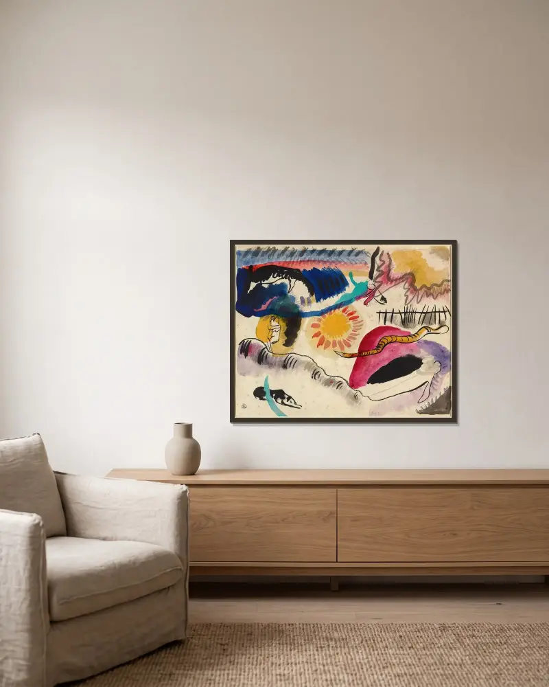 Aquarell Nr. 3 (Liebesgarten) av Wassily Kandinsky inramad på en vägg