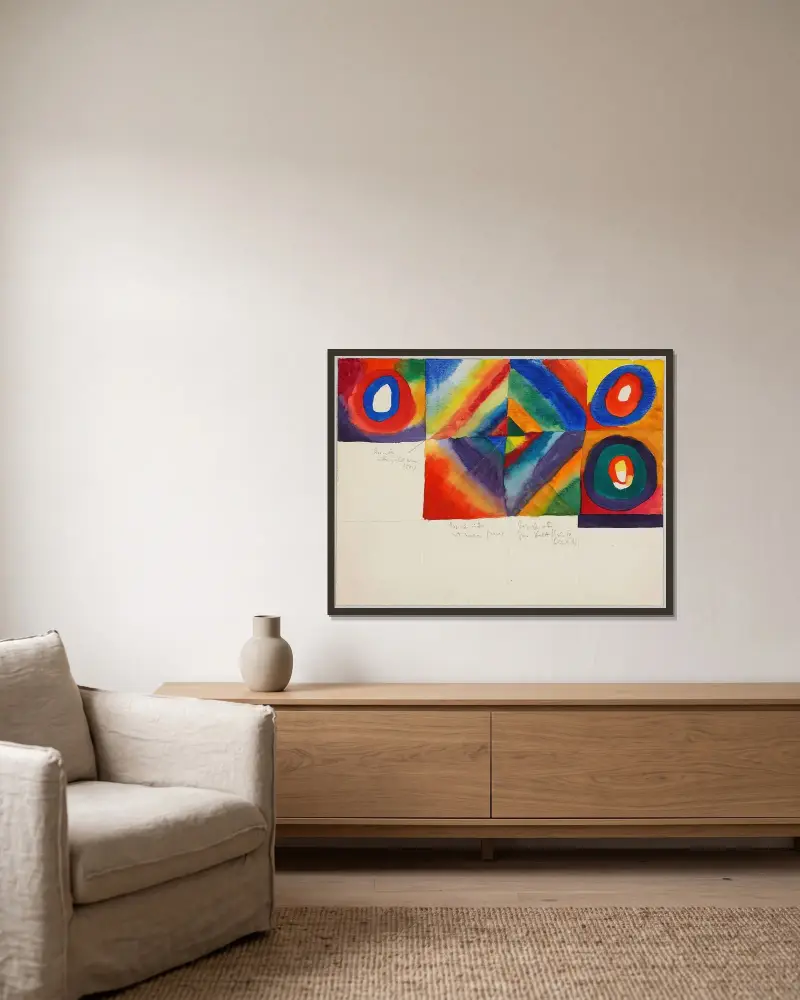 Färgstudier med information om målningsteknik av Wassily Kandinsky inramad på en vägg