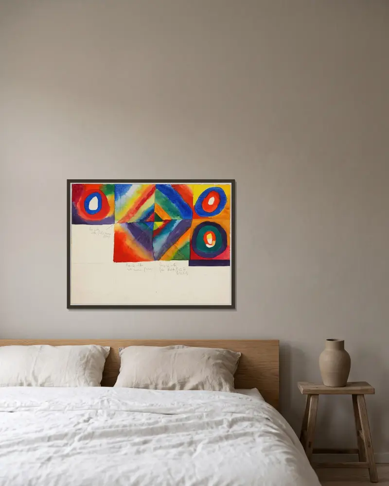 Färgstudier med information om målningsteknik av Wassily Kandinsky inramad på en vägg