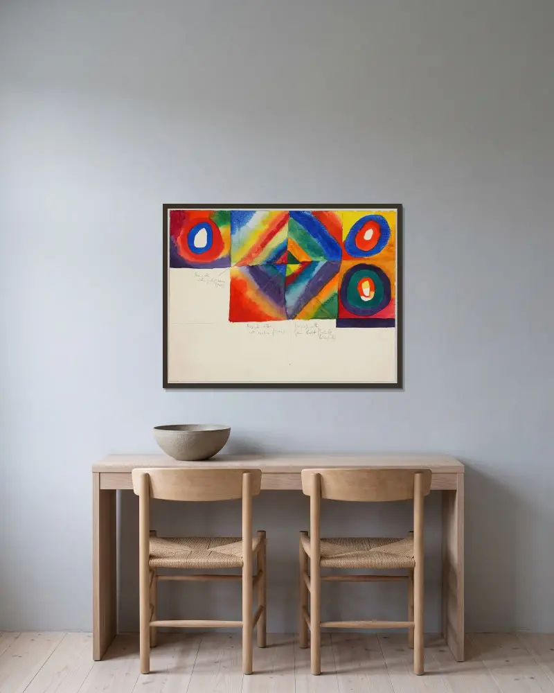 Färgstudier med information om målningsteknik av Wassily Kandinsky inramad på en vägg