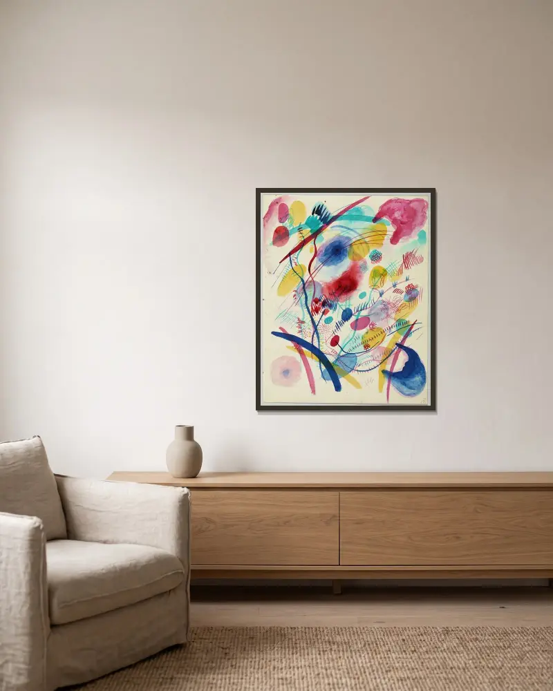 Komposition i rött, blått, grönt och gult av Wassily Kandinsky inramad på en vägg