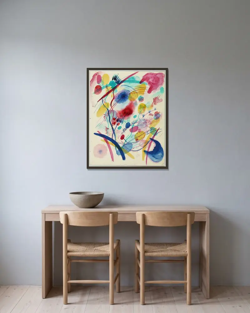 Komposition i rött, blått, grönt och gult av Wassily Kandinsky inramad på en vägg