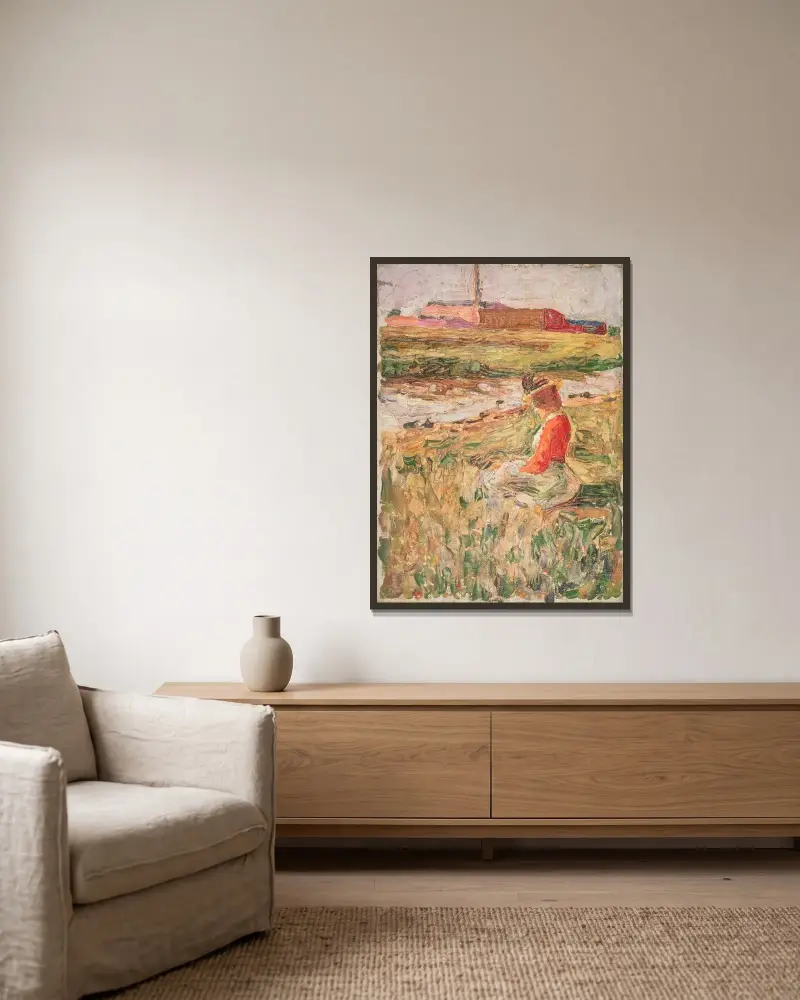 Dame im Gras sitzend av Wassily Kandinsky inramad på en vägg