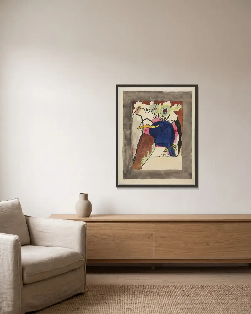 Förslag till omslag till almanackan Der Blaue Reiter II av Wassily Kandinsky inramad på en vägg