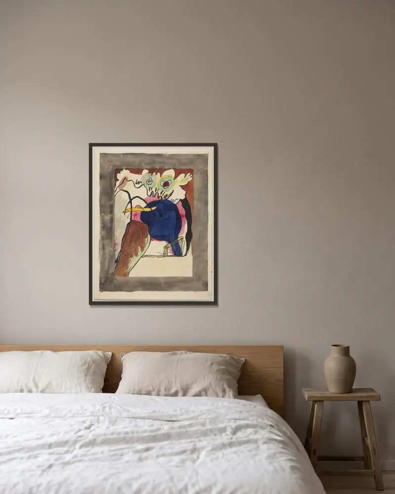 Förslag till omslag till almanackan Der Blaue Reiter II av Wassily Kandinsky inramad på en vägg