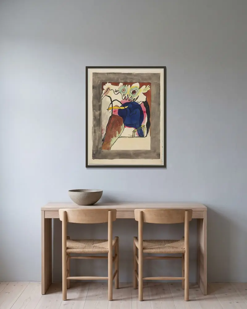 Förslag till omslag till almanackan Der Blaue Reiter II av Wassily Kandinsky inramad på en vägg