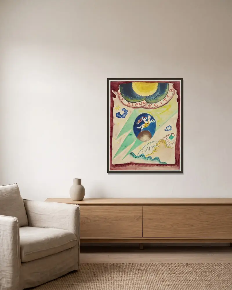 Omslagsförslag till almanackan Der Blaue Reiter III av Wassily Kandinsky inramad på en vägg
