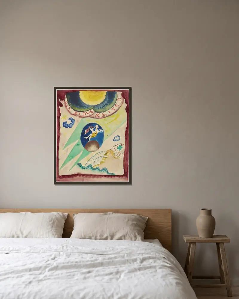 Omslagsförslag till almanackan Der Blaue Reiter III av Wassily Kandinsky inramad på en vägg