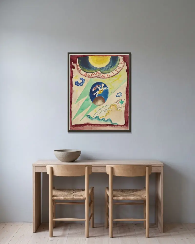 Omslagsförslag till almanackan Der Blaue Reiter III av Wassily Kandinsky inramad på en vägg