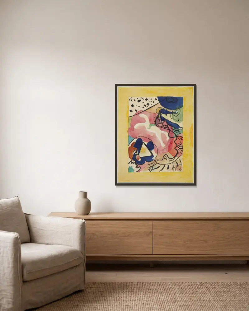 Omslagsformgivning till almanackan ”Der Blaue Reiter” IV av Wassily Kandinsky inramad på en vägg