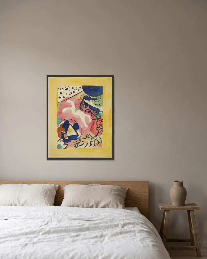 Omslagsformgivning till almanackan ”Der Blaue Reiter” IV av Wassily Kandinsky inramad på en vägg