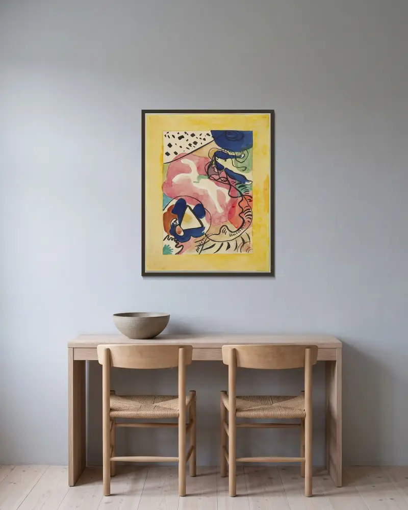 Omslagsformgivning till almanackan ”Der Blaue Reiter” IV av Wassily Kandinsky inramad på en vägg