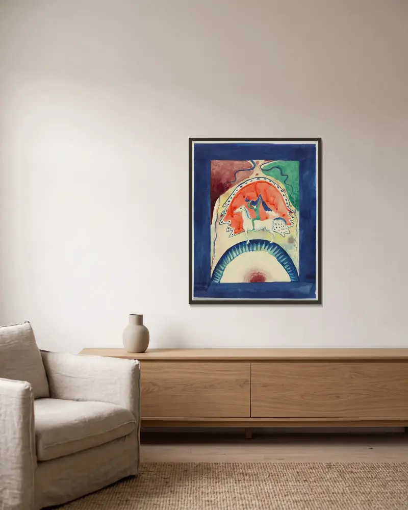 Omslagsdesign för almanackan ”Der Blaue Reiter”, 1911 – nr 1 av Wassily Kandinsky inramad på en vägg