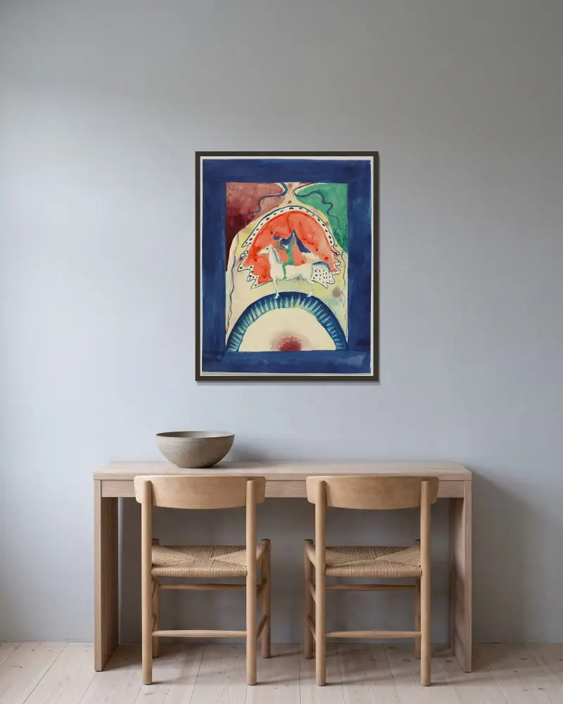 Omslagsdesign för almanackan ”Der Blaue Reiter”, 1911 – nr 1 av Wassily Kandinsky inramad på en vägg
