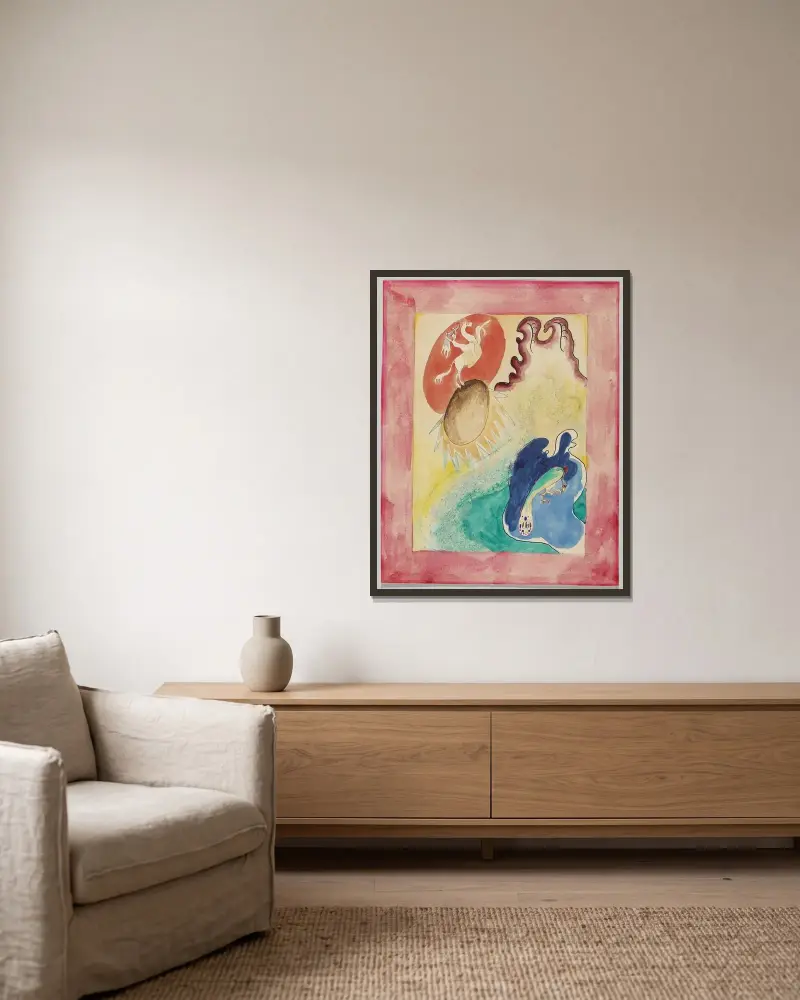 Omslagsförslag till almanackan Der Blaue Reiter VI av Wassily Kandinsky inramad på en vägg
