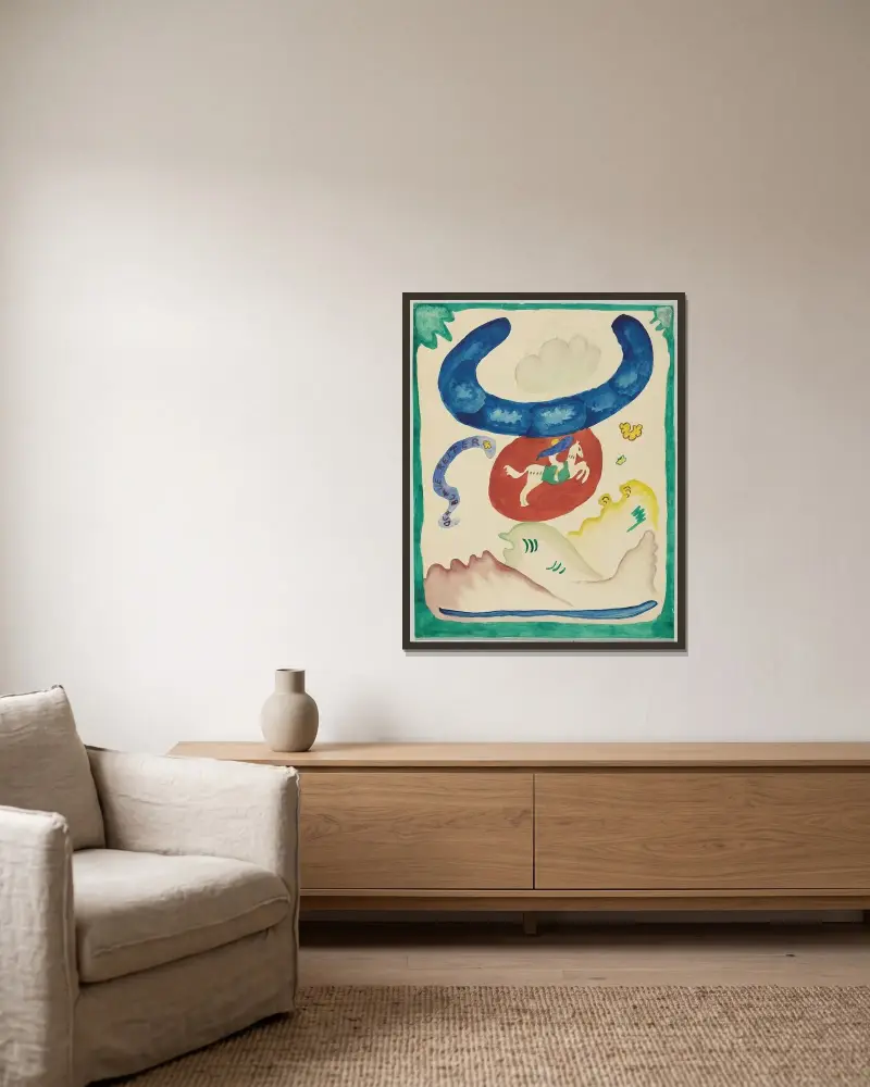 Entwurf für den Umschlag des Almanachs „Der Blaue Reiter“ VIII von Wassily Kandinsky gerahmt an einer Wand
