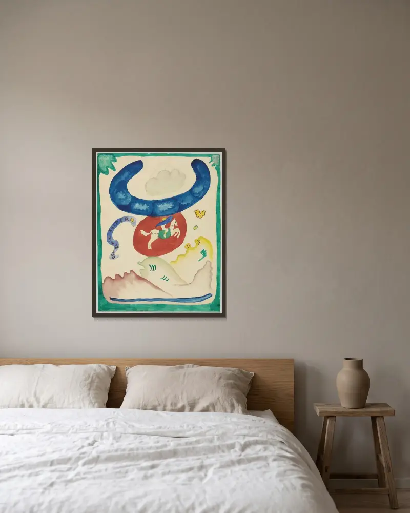 Entwurf für den Umschlag des Almanachs „Der Blaue Reiter“ VIII von Wassily Kandinsky gerahmt an einer Wand