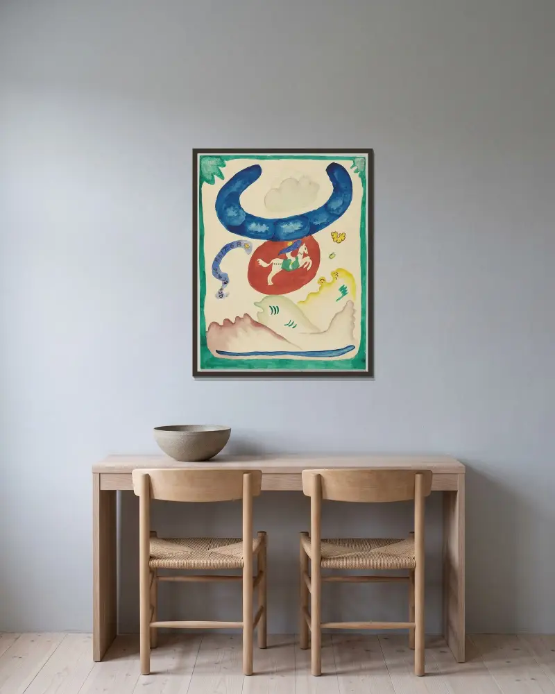 Entwurf für den Umschlag des Almanachs „Der Blaue Reiter“ VIII von Wassily Kandinsky gerahmt an einer Wand