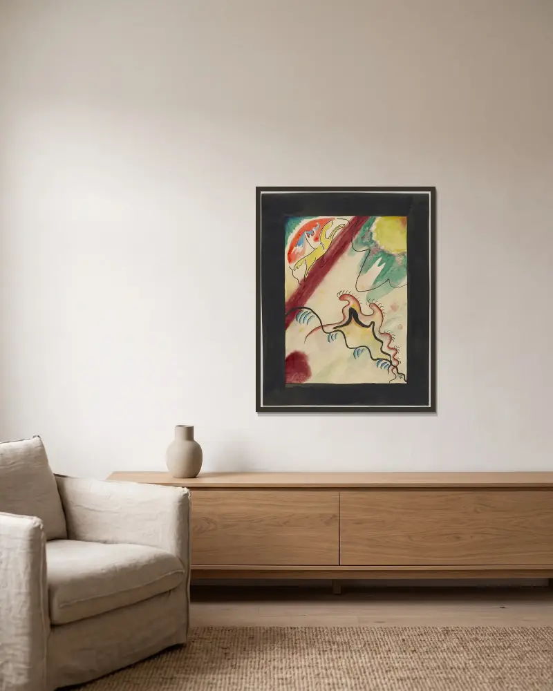 Omslagsdesign för almanackan Der Blaue Reiter VIIII av Wassily Kandinsky inramad på en vägg