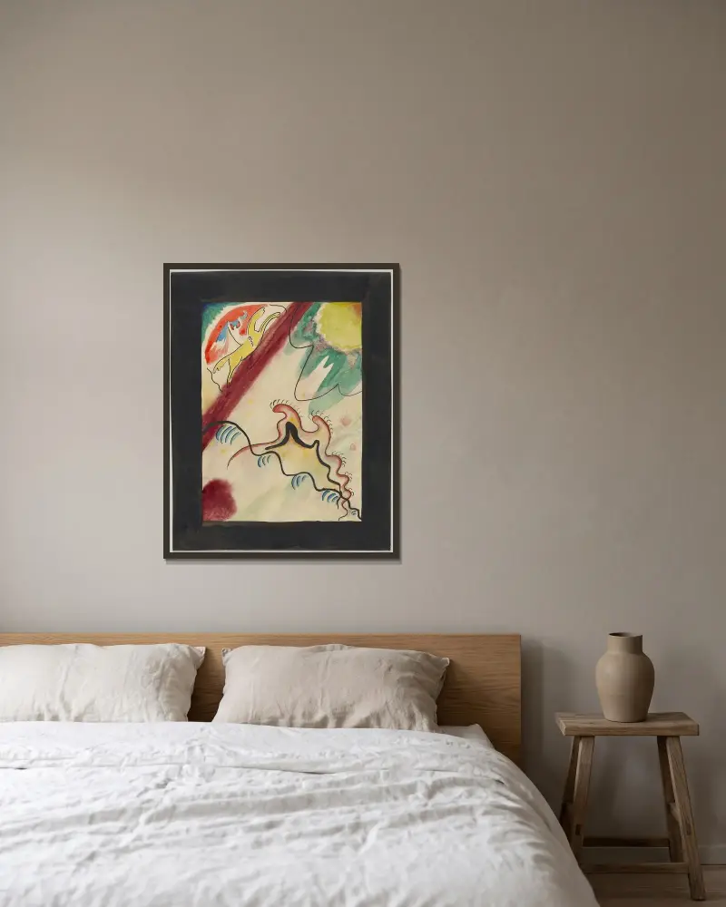 Omslagsdesign för almanackan Der Blaue Reiter VIIII av Wassily Kandinsky inramad på en vägg