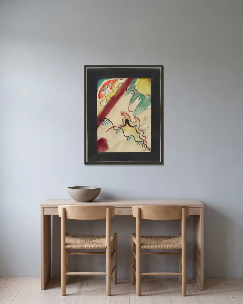 Omslagsdesign för almanackan Der Blaue Reiter VIIII av Wassily Kandinsky inramad på en vägg