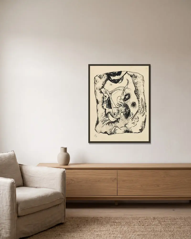 Zeichnung zu ‚Bild auf hellem Grund‘ von Wassily Kandinsky gerahmt an einer Wand