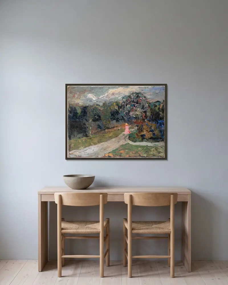 Skymning i en engelsk trädgård, München av Wassily Kandinsky inramad på en vägg