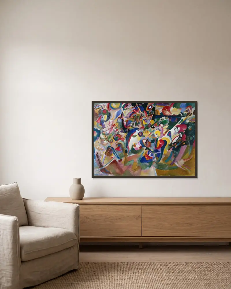Entwurf 3 zu ‘Komposition VII’ av Wassily Kandinsky inramad på en vägg