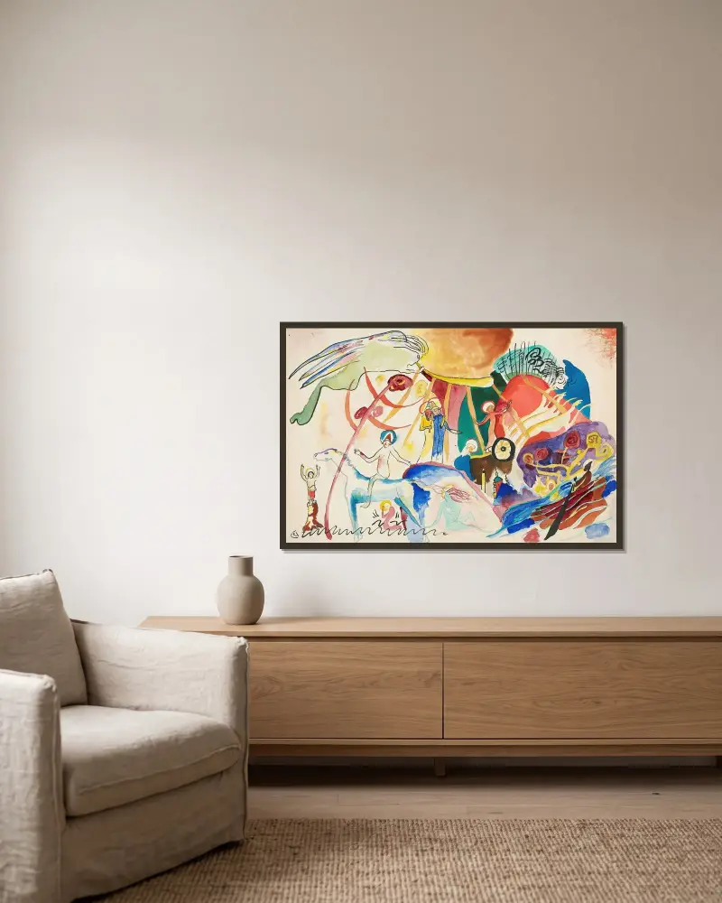 Entwurf zu ‘Allerheiligen II (Komposition mit Heiligen)’ av Wassily Kandinsky inramad på en vägg