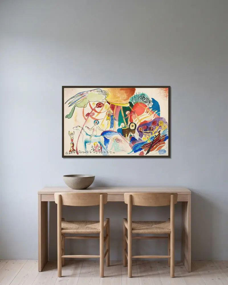 Entwurf zu ‘Allerheiligen II (Komposition mit Heiligen)’ av Wassily Kandinsky inramad på en vägg