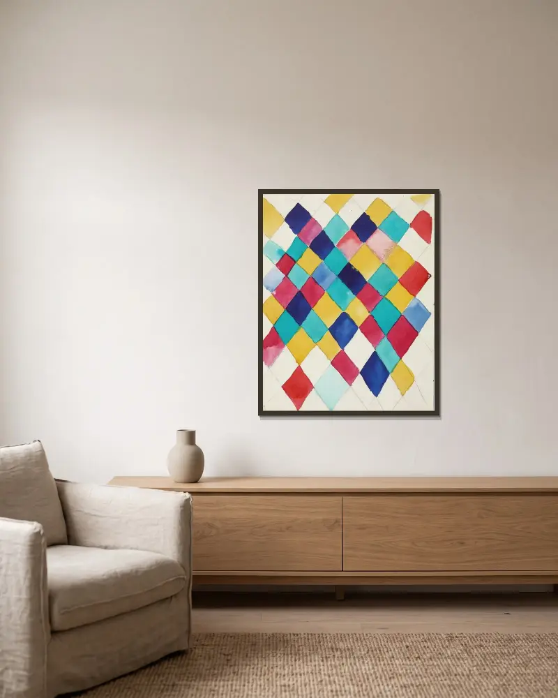 Farbstudie mit Rauten av Wassily Kandinsky inramad på en vägg