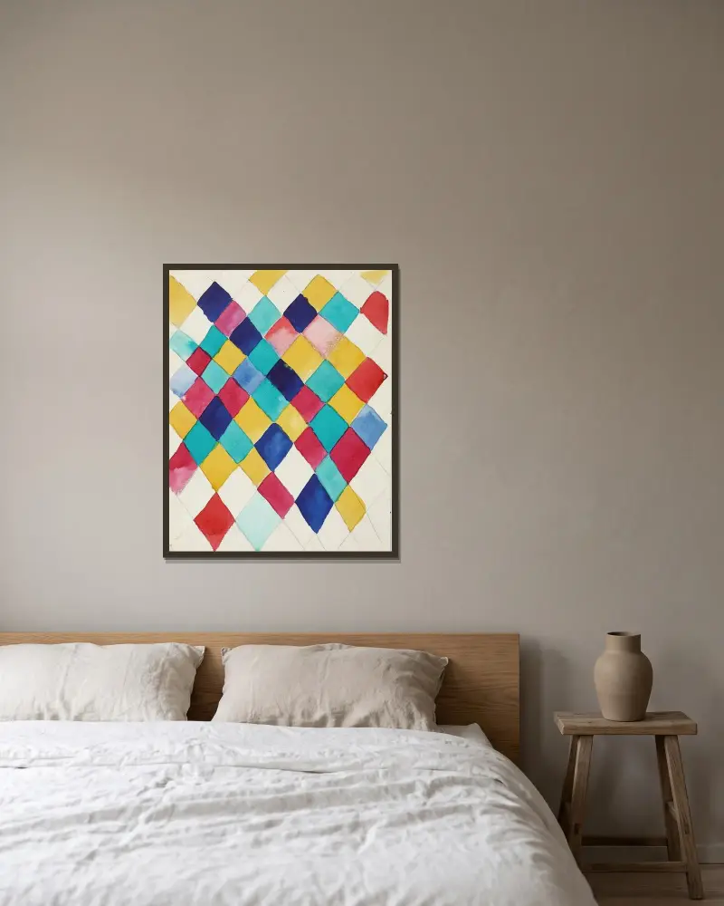 Farbstudie mit Rauten av Wassily Kandinsky inramad på en vägg