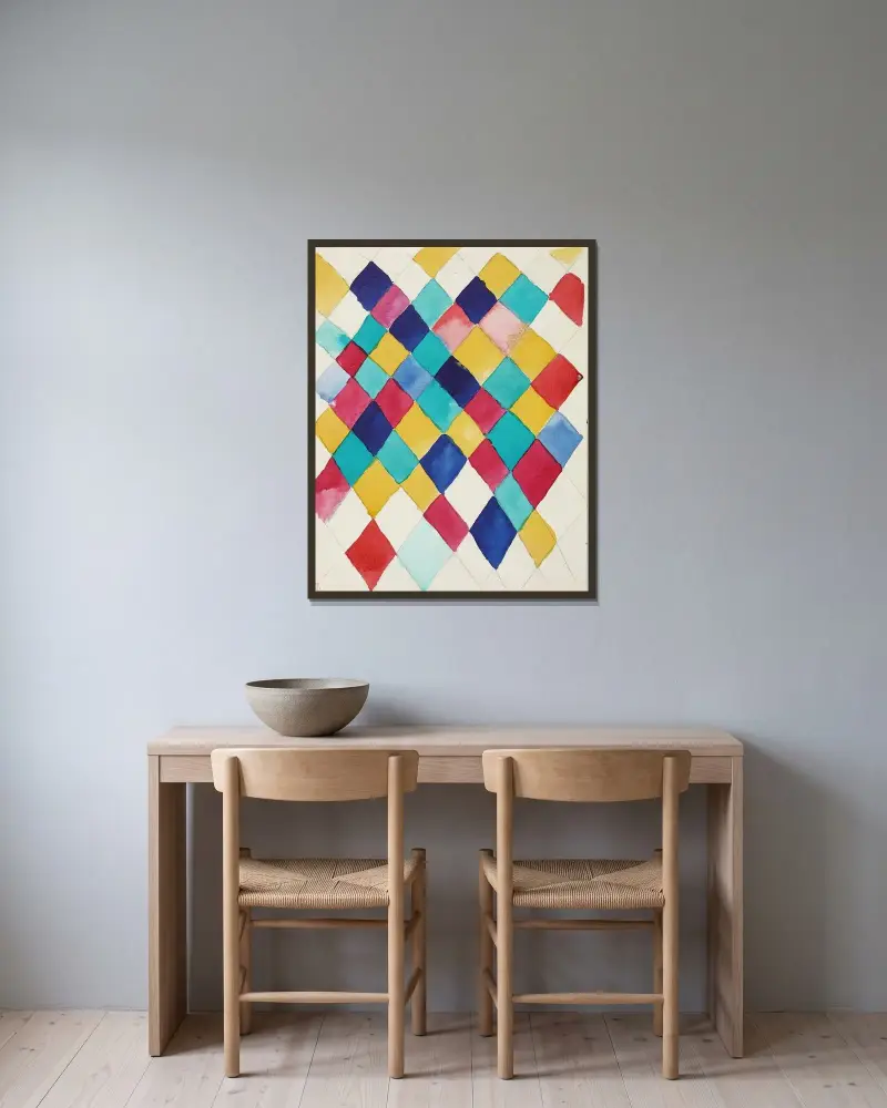 Farbstudie mit Rauten av Wassily Kandinsky inramad på en vägg