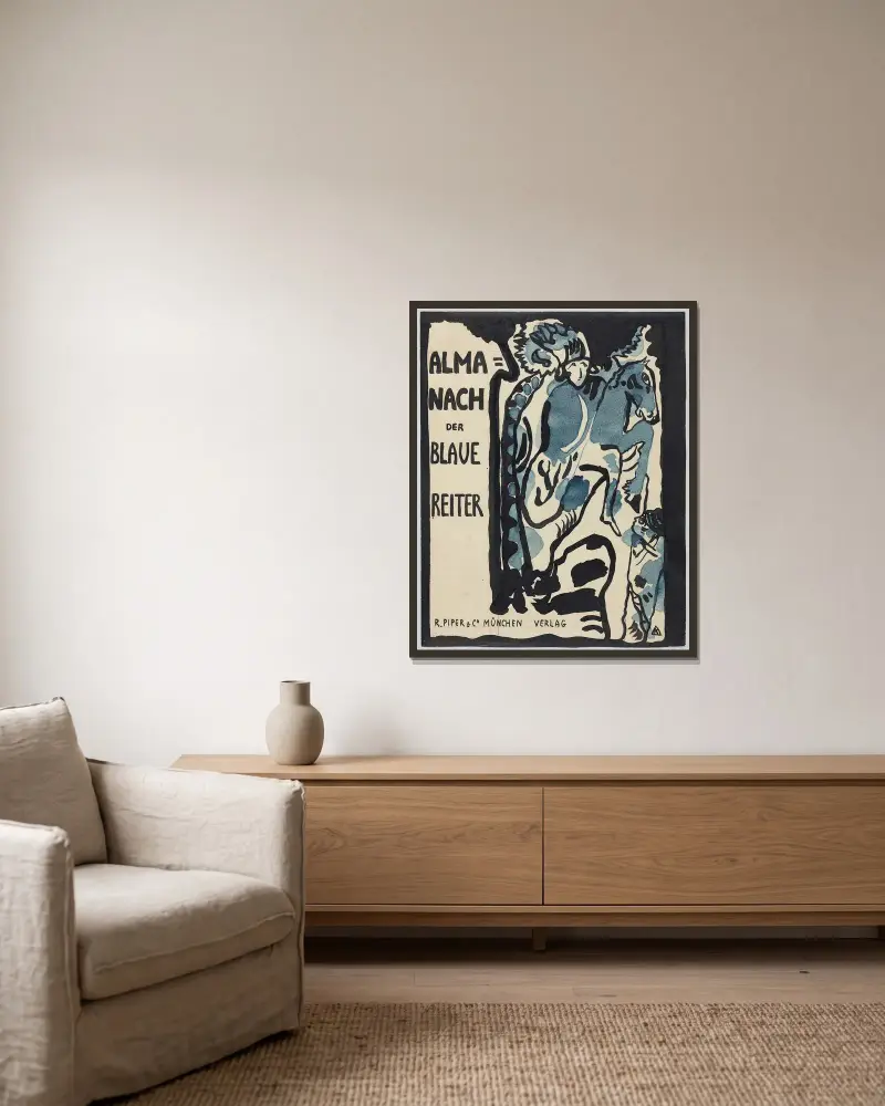 Slutlig design för omslaget till almanackan 'Der Blaue Reiter' av Wassily Kandinsky inramad på en vägg
