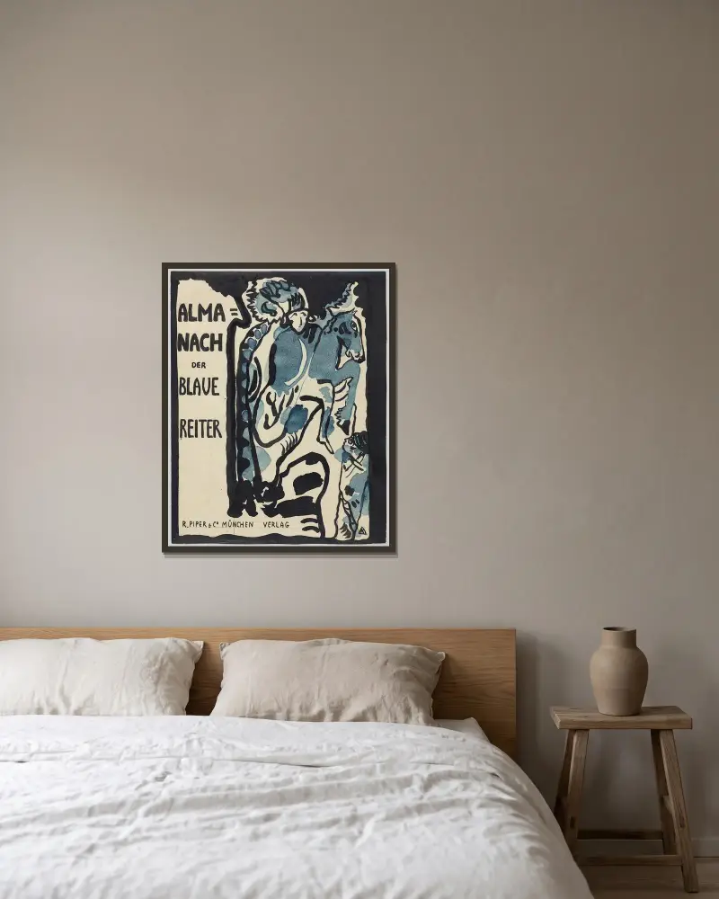 Slutlig design för omslaget till almanackan 'Der Blaue Reiter' av Wassily Kandinsky inramad på en vägg