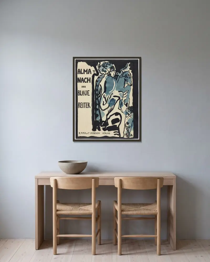 Slutlig design för omslaget till almanackan 'Der Blaue Reiter' av Wassily Kandinsky inramad på en vägg