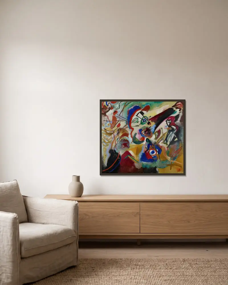 Fragment 2 for Composition VII av Wassily Kandinsky inramad på en vägg